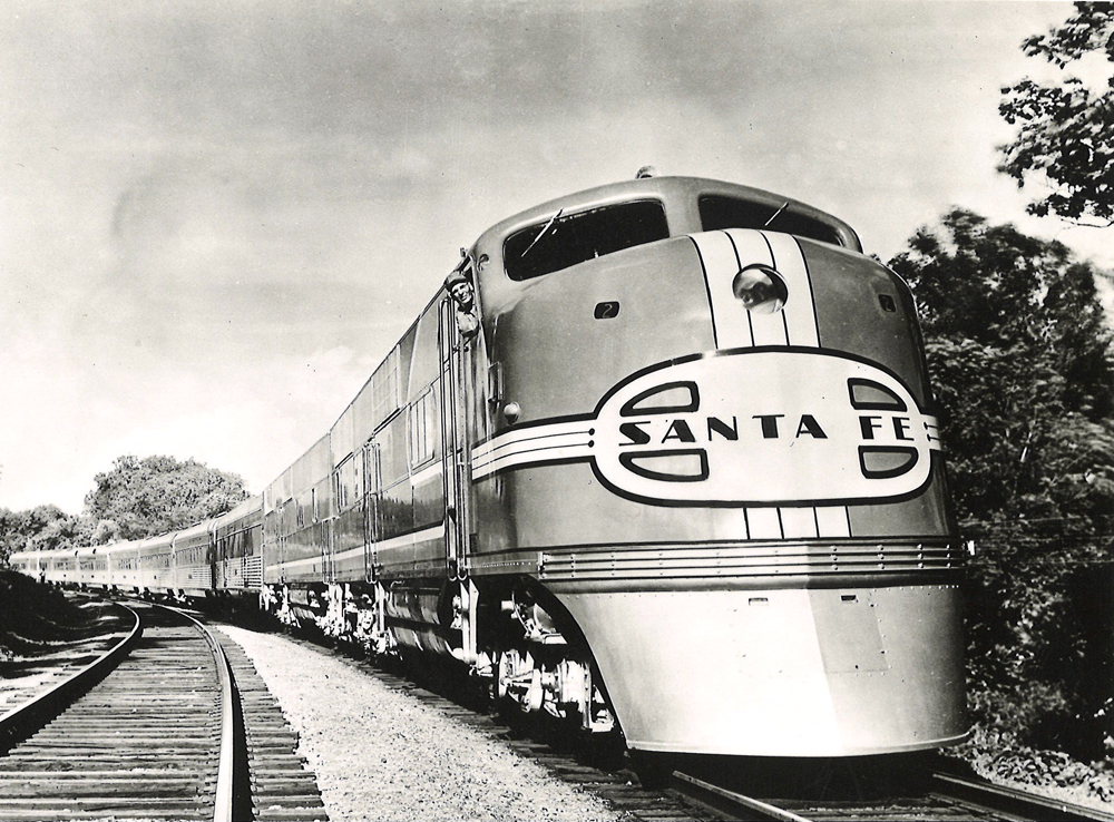 Diesel locomotive pulling a streamlined train
