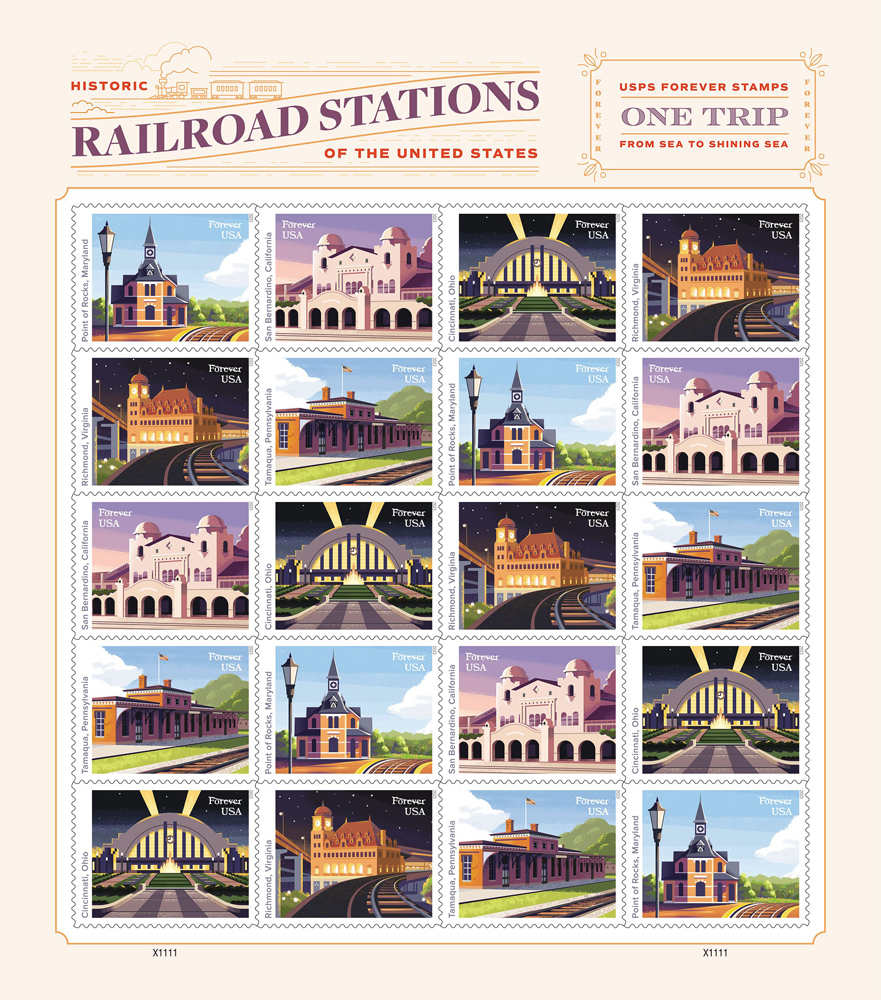Image of 20-stamp sheet showing railroad station