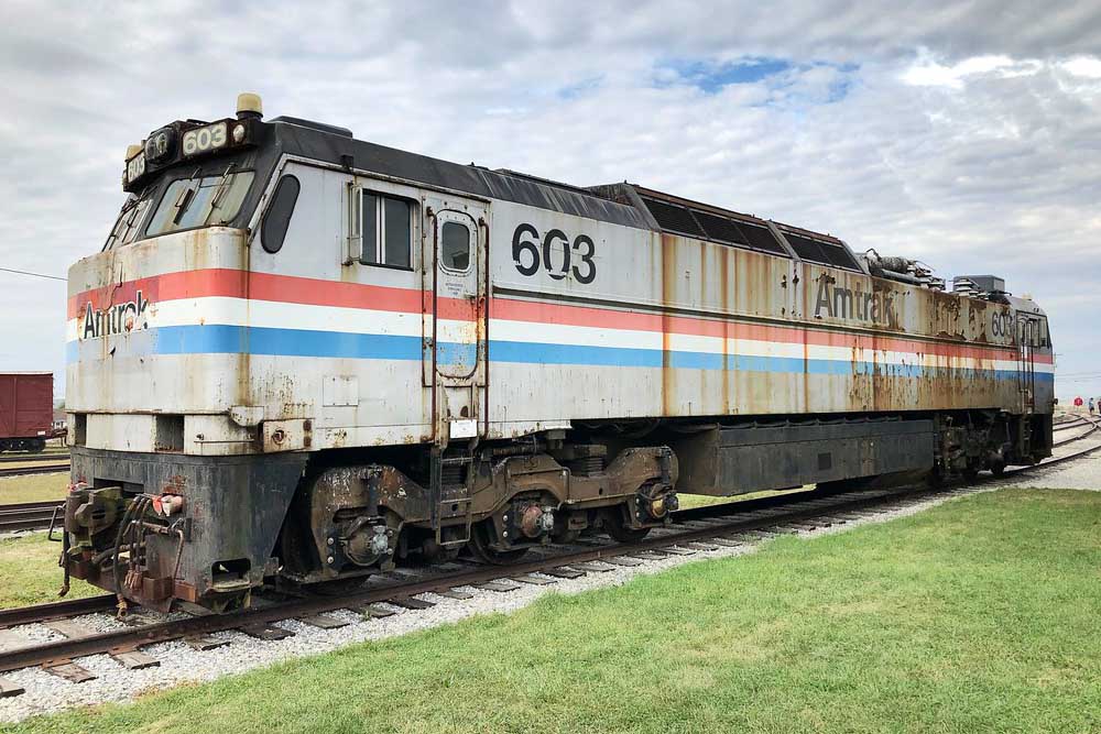 Front three-quarter view of Amtrak E60 locomotives