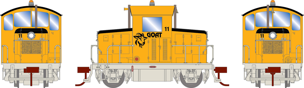A model of a yellow switcher locomotive
