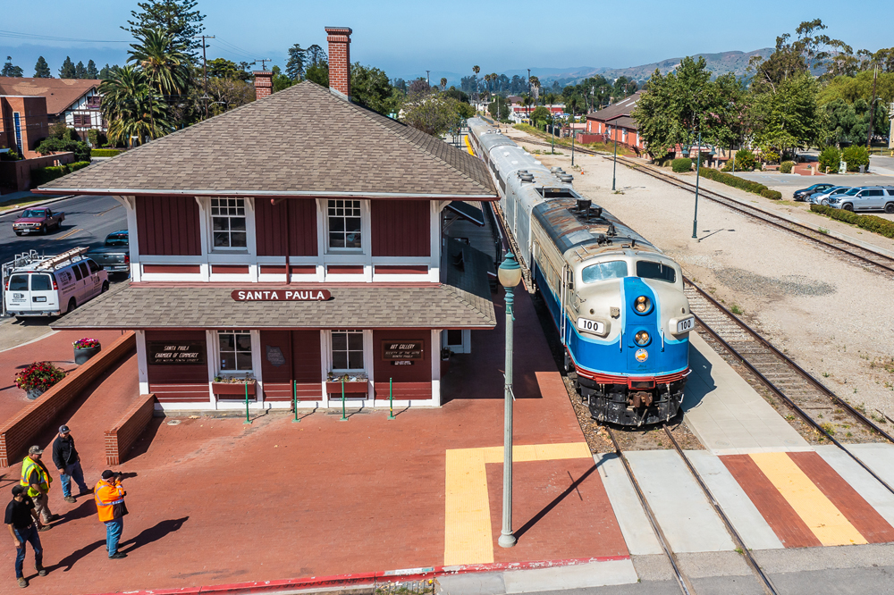 overhead shot with drone of Santa Paula station and train
