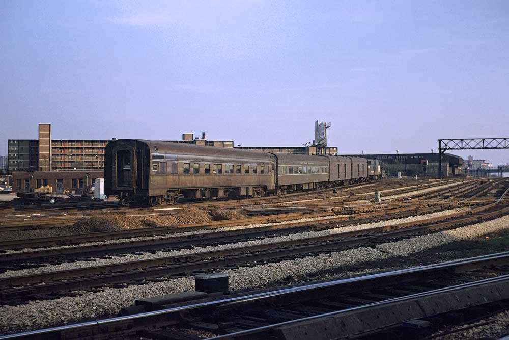 Rear of Penn Central passenger train in yard