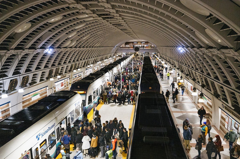 Crowded underground light rail station in downtown Seattle.