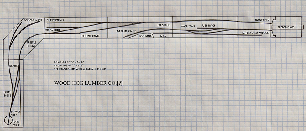 Built by Others: Michael Maurer’s On30 scale Wood Hog Lumber Co: Pencil and ink rectangles and lines drawn on white paper with a blue grid along with small black text