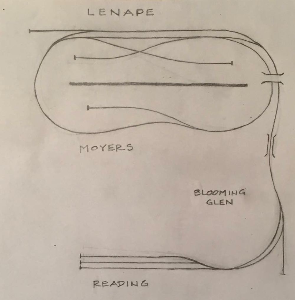pencil sketch on gray paper showing lines and several words in all-cap lettering