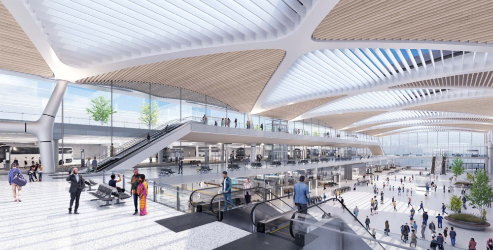 View from upper level looking down on train hall