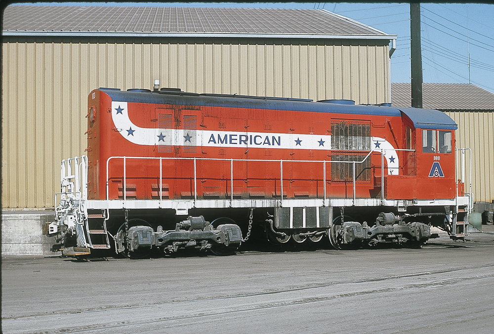 Red-white-and-blue Bicentennial diesel locomotive