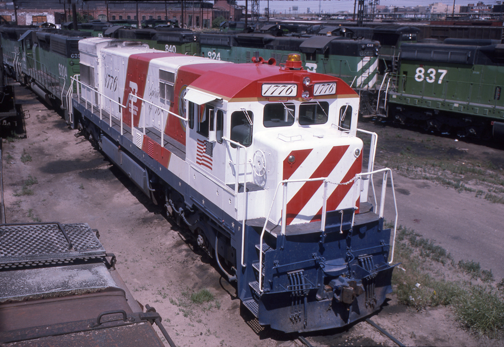 Red-white-and-blue Bicentennial diesel locomotive