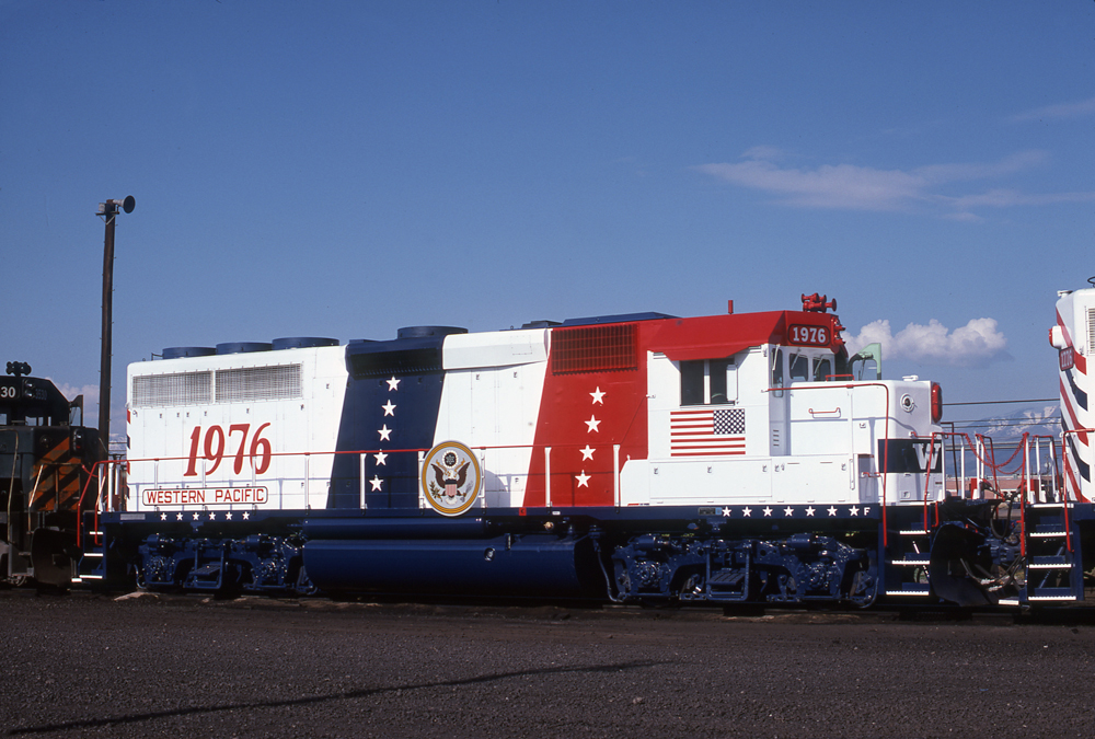 Red-white-and-blue Bicentennial diesel locomotive