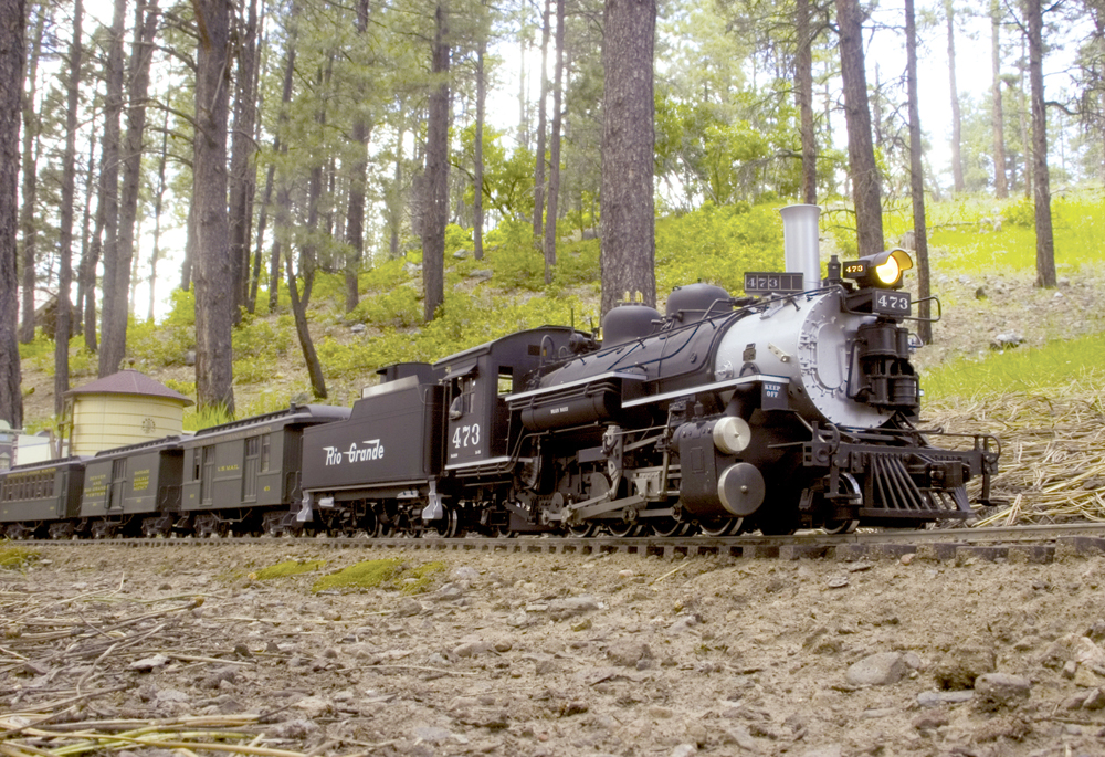 model steam locomotive with cars in wooded area on garden railway