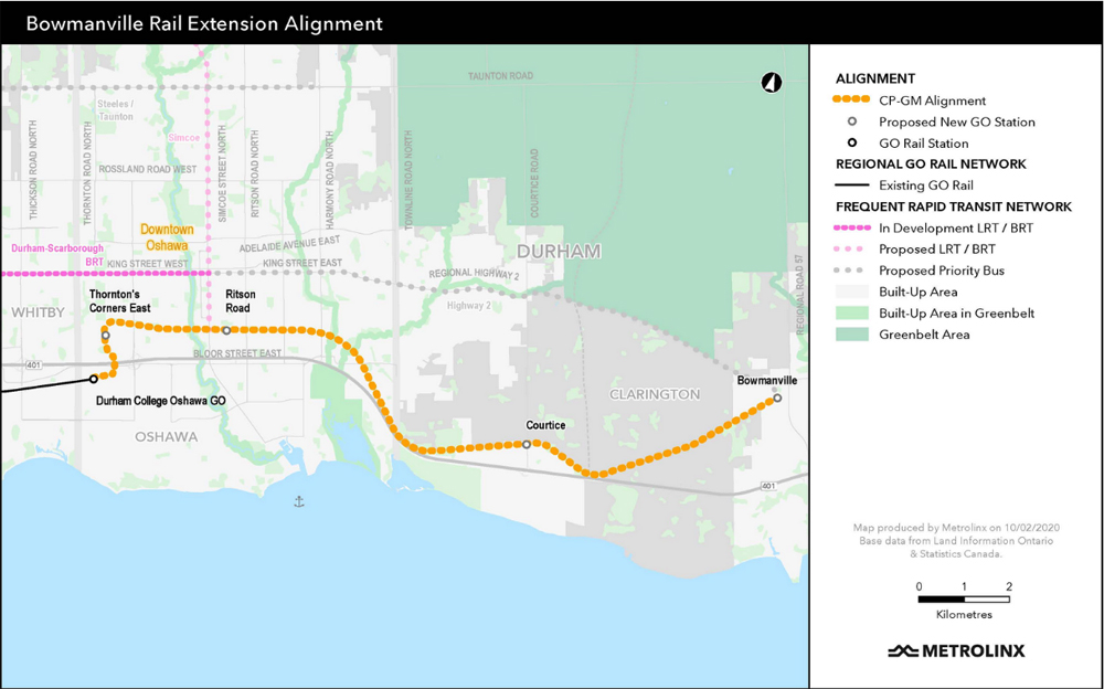 Map of proposed extension of GO Transit line east of Toronto