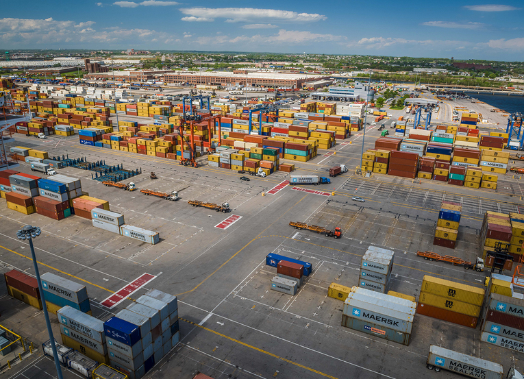 Aerial view of container facility adjacent to port