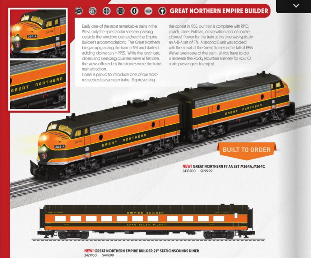model diesel and dining car models on a catalog page: Lionel 2023 Volume 2 catalog