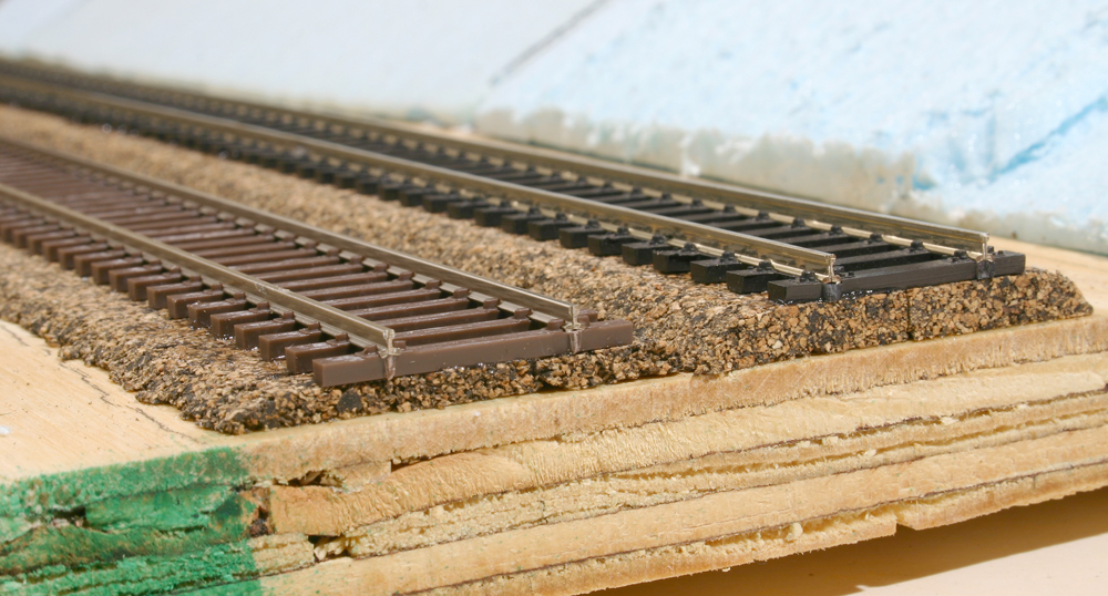Color photo of HO scale track laid on cork roadbed.