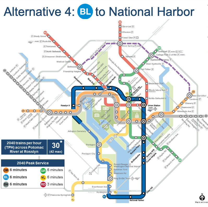 Map of Washington DC Metro rail system with proposed changes to Blue Line