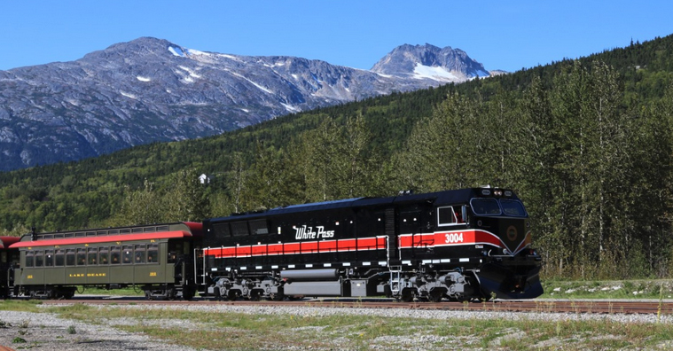 Black and red narrow-gauge diesel with mountain backdrop