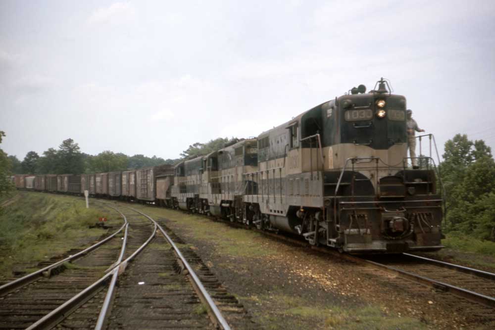 Georgia Railroad diesel locomotives with freight train