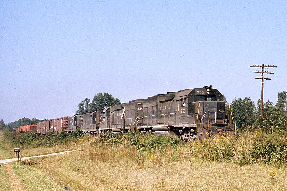 Georgia Railroad diesel locomotives with freight train