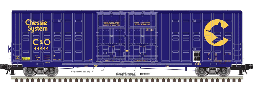 Color illustration of O scale boxcar painted dark blue with yellow graphics