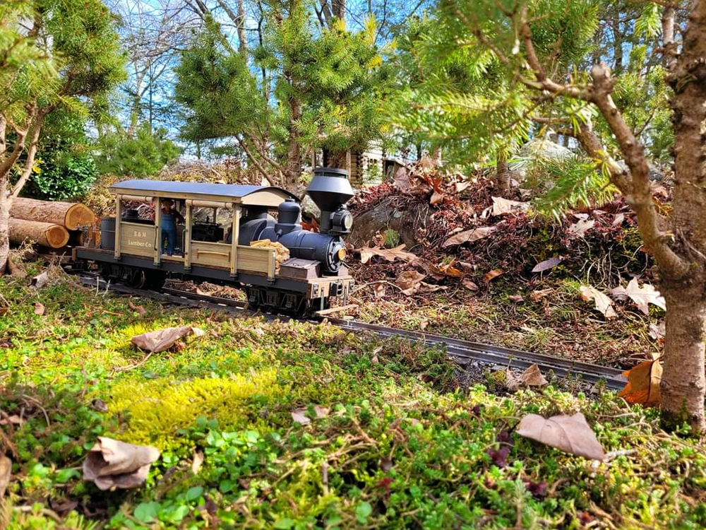 Model steam engine with load of logs on garden railway