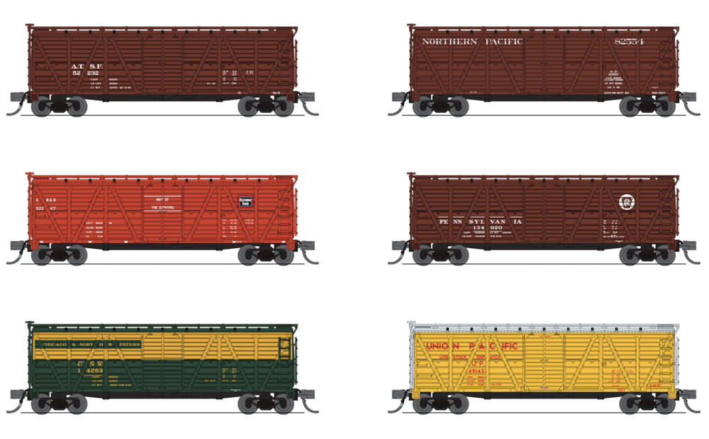 An image of multiple freight cars in various paint schemes