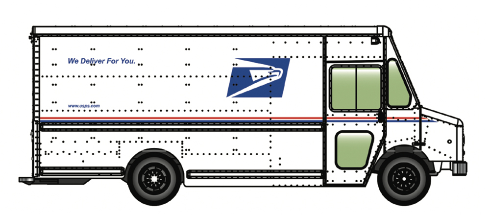 An image of a delivery van with USPS markings