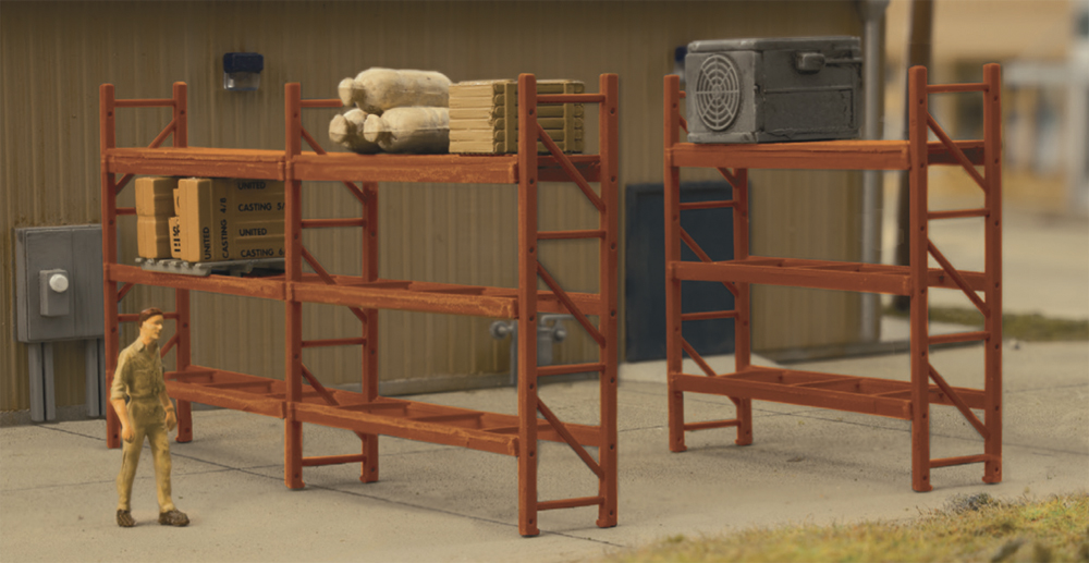 An image of pallet racks on a model railroad layout