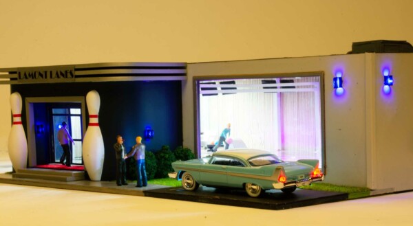 Menards Lamont Lanes Bowling Alley front window lighted
