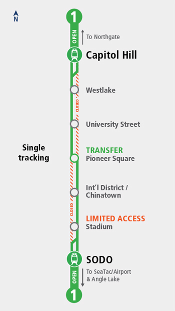 Map showing changes on segment of Seattle light rail line between Aug. 14-16.