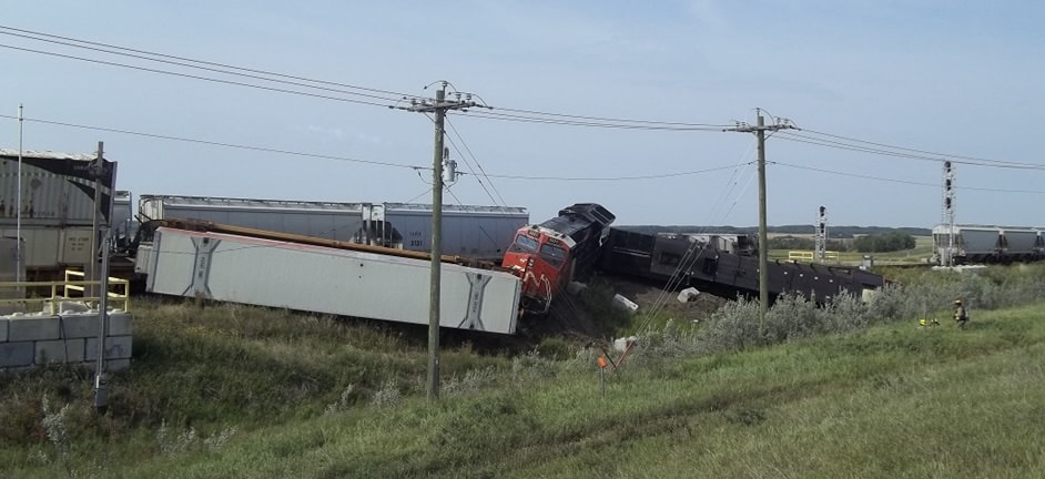 Derailed locomotives and freight cars along pole line