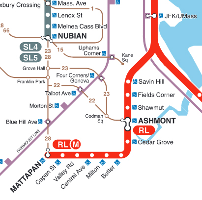 Portion of MBTA map showing Ashmont Branch and Mattapan Line