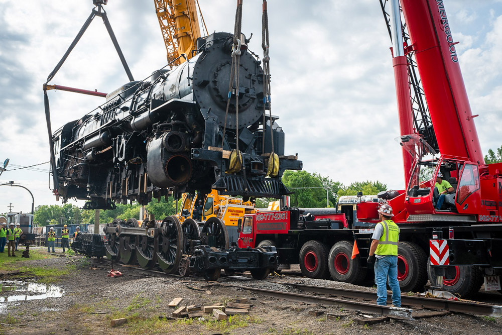 Steam locomotive lifted off its wheels
