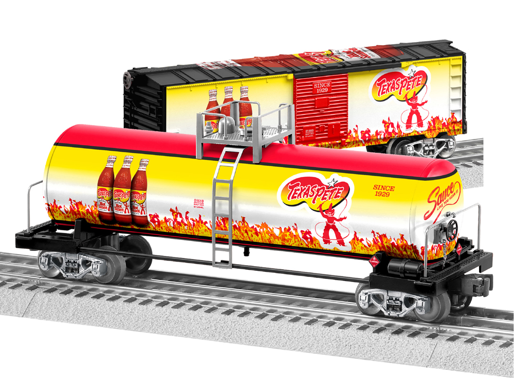 yellow and red boxcar and tank car