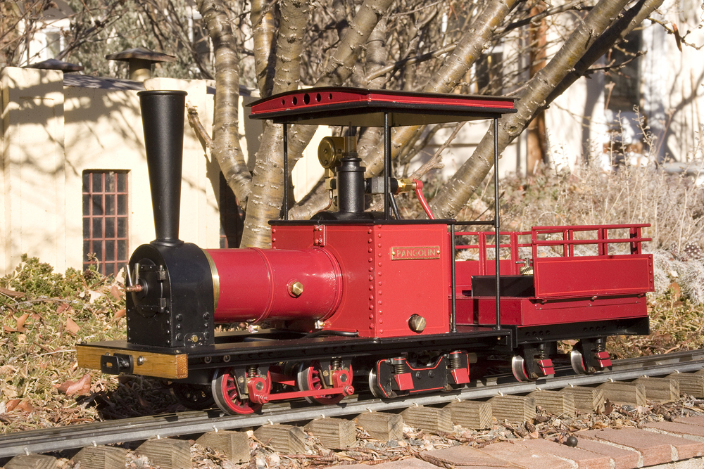 red model steam engine on garden railway