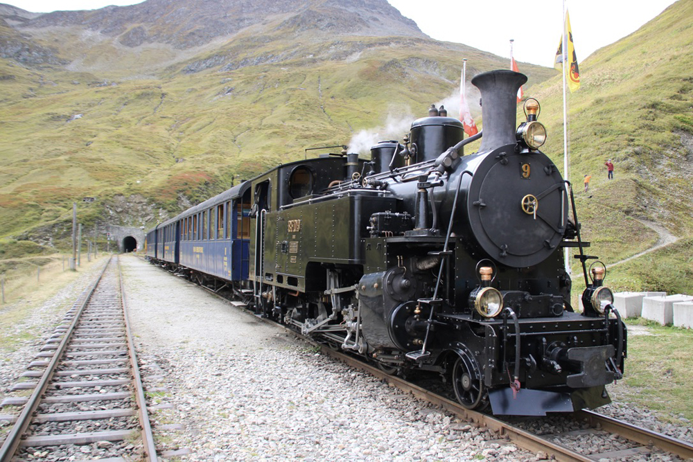 Steam train stopped outside tunnel