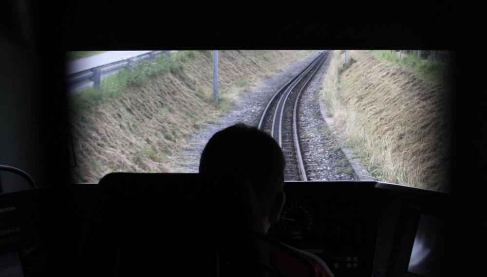View through front window of passenger train