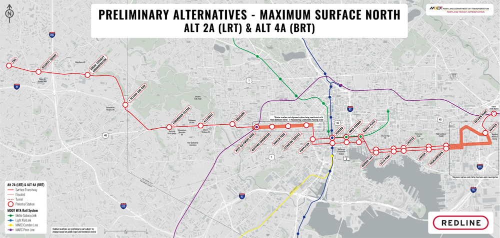 Map showing alternative transit route with surface lines and a more northern route. 