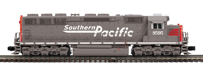 Color photo of O gauge diesel painted gray and red.