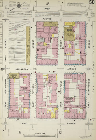 Map showing part of New York City in 1910. New York Central passenger trains.