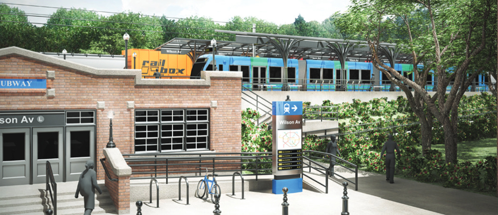 Illustration at light rail station next to subway entrance