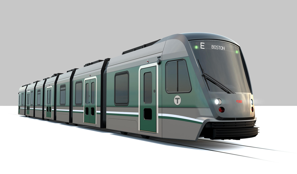 Illustration of green and gray light rail trainset