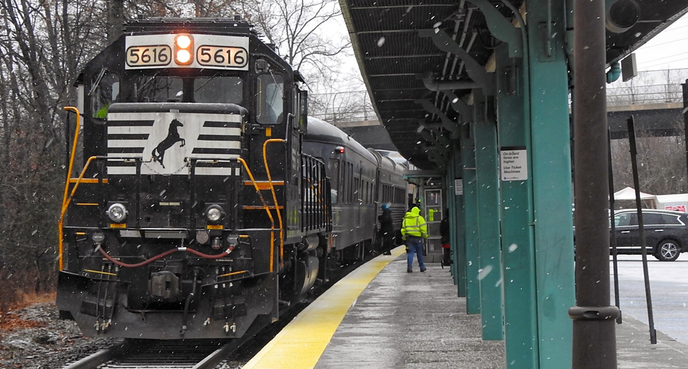 Passenger cars pulled by black and white locomotive