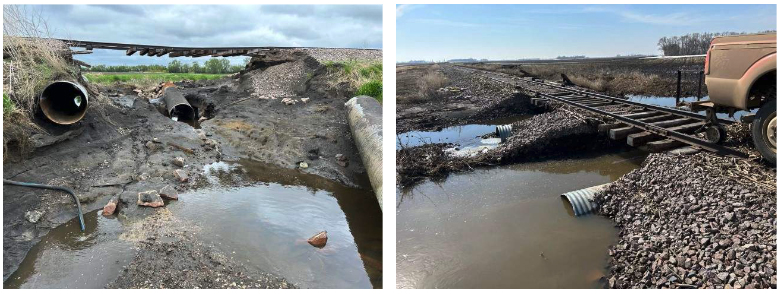 Two images of washout damage on short line