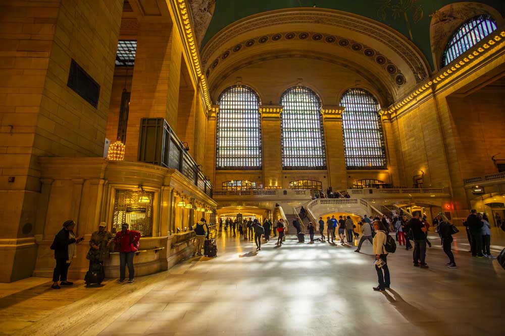 Interior of train station with high arched windows