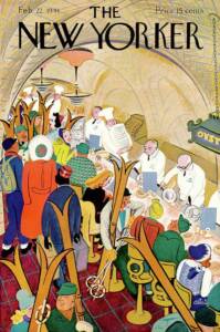 Magazine cover featuring many people in a crowded restaurant