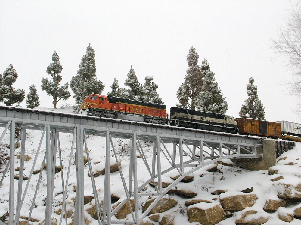 diesel engine on trestle with snow