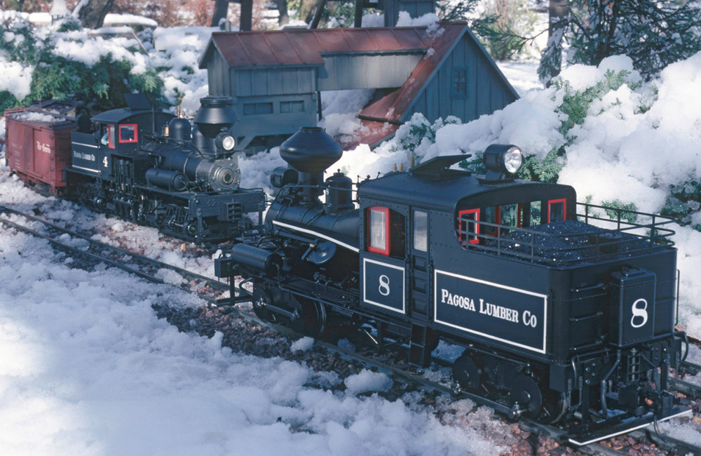 Two large scale narrow gauge steam locomotives meet surrounded by real snow