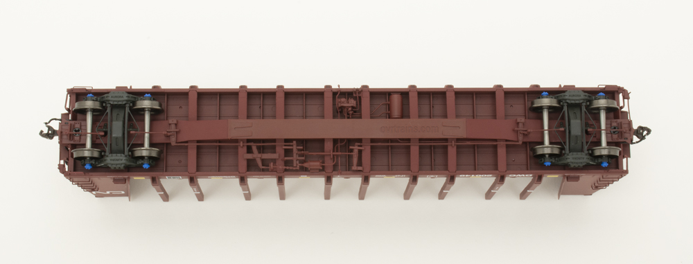 Color photo of HO bulkhead flatcar underbody.