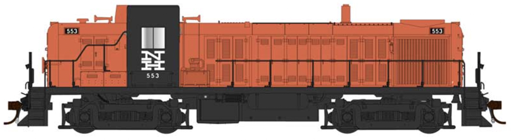 A model locomotive in an orange and black paint scheme
