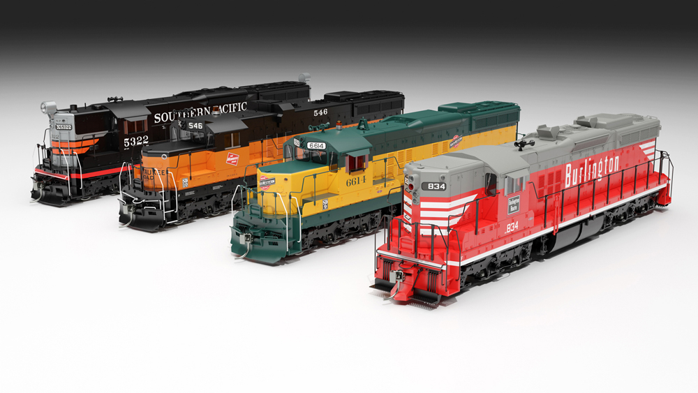 Three model locomotives in different paint schemes